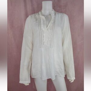 Max Volmary Womens 100% Linen White Blouse Size 10 US 40 EU Ruffle Collar